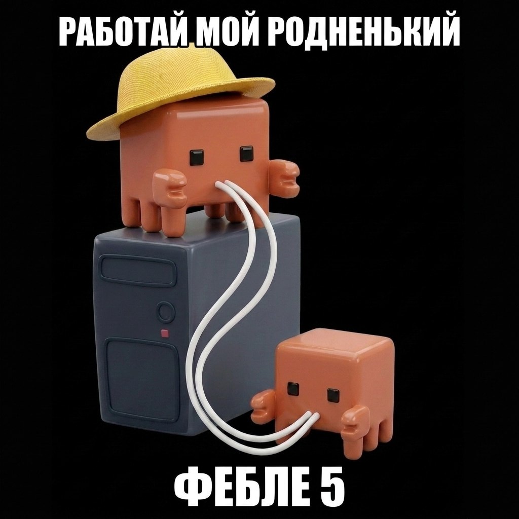 Оранжевый персонаж в шляпе подключен к системному блоку и просит: «Работай мой родненький». Внизу написано «ФЕБЛЕ 5».