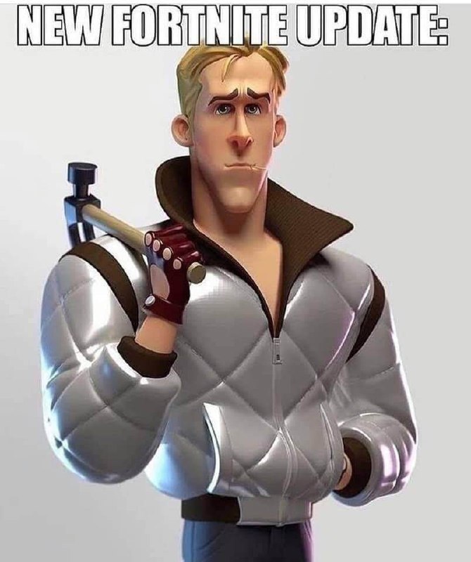 Райан Гослинг из фильма «Драйв» в Fortnite Персонаж, похожий на Райана Гослинга, в белой куртке и с молотом в руке, с надписью «New Fortnite Update:»