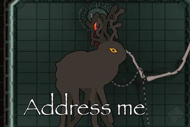 Мрачный raindeer из Rain World с горящими рогами и надписью «Address me» — «Обратись ко мне».