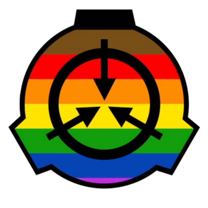 Радужный логотип SCP Foundation Логотип SCP Foundation, выполненный в цветах радужного флага, символизирующий поддержку ЛГБТК+ сообщества в рамках вымышленной вселенной.