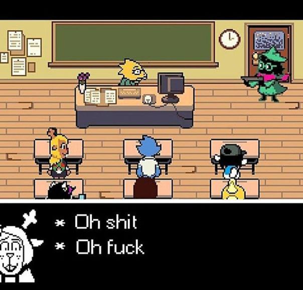 Ральзей с оружием Мем с Ральзеем из Deltarune, держащим оружие в классе, а Асриэль говорит «Oh shit Oh fuck».