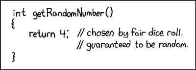 Рукописный код функции getRandomNumber(), которая возвращает 4, якобы выбранную честным броском кубика и гарантированно случайную.