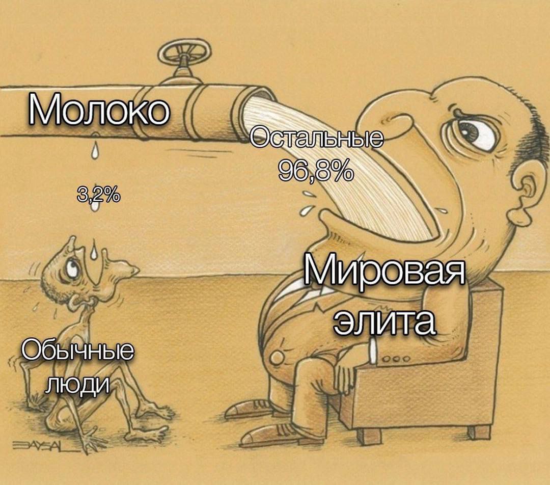 Распределение ресурсов между мировой элитой и обычными людьми Карикатура про распределение богатств: мировая элита потребляет 96,8% ресурсов, а обычным людям достается лишь 3,2%.