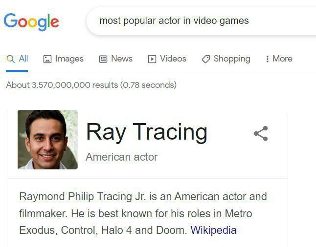 Ray Tracing актёр Результаты поиска Google по запросу «самый популярный актёр в видеоиграх», где в качестве актёра указан Ray Tracing.