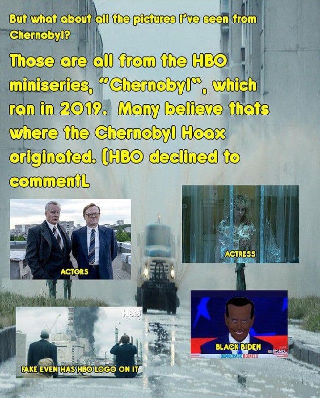 Разоблачение сериала "Чернобыль" от HBO Мем про разоблачение сериала "Чернобыль" от HBO, который вышел в 2019 году, как источник чернобыльской мистификации.