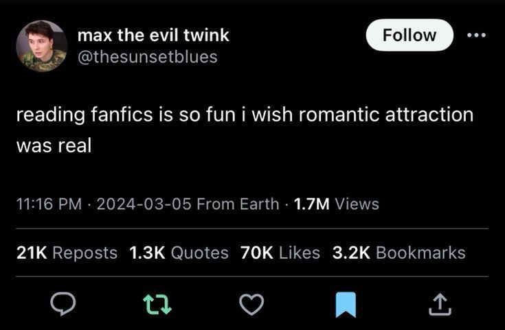 Reading fanfics is so fun i wish romantic attraction was real Пост в Твиттере с текстом «читать фанфики так весело, жаль, что романтическое влечение нереально».
