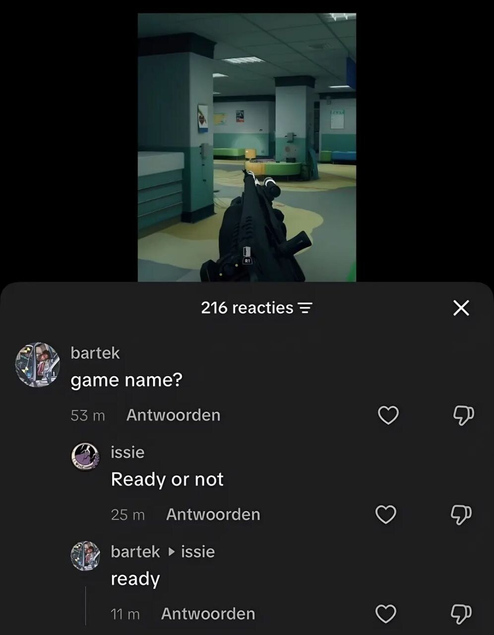 Кадр из Ready or Not с вопросом «game name?» в комментариях и ответом «Ready or not».