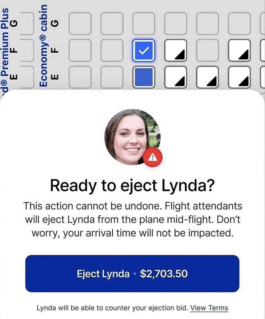 Ready to eject Lynda Мем с уведомлением "Ready to eject Lynda?" и кнопкой "Eject Lynda - $2,703.50"