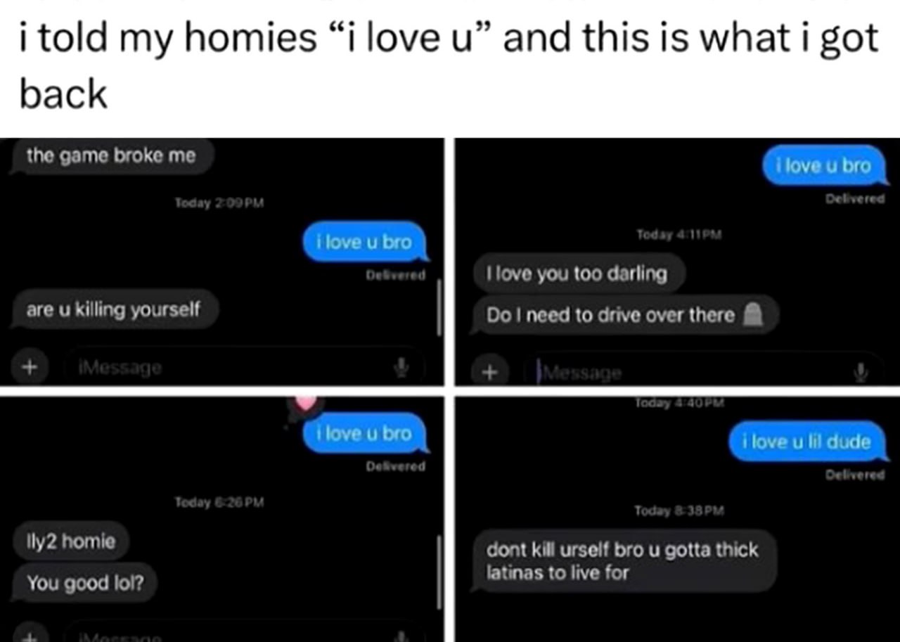 Реакция друзей на «i love u bro» Реакция друзей на признание в любви "i love u bro".