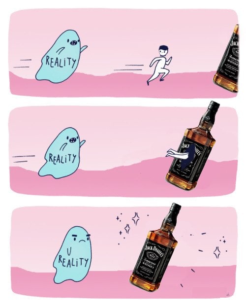 Реальность и Jack Daniel's Мем про то, как реальность убегает от человека, а затем ее ловит бутылка Jack Daniel's.