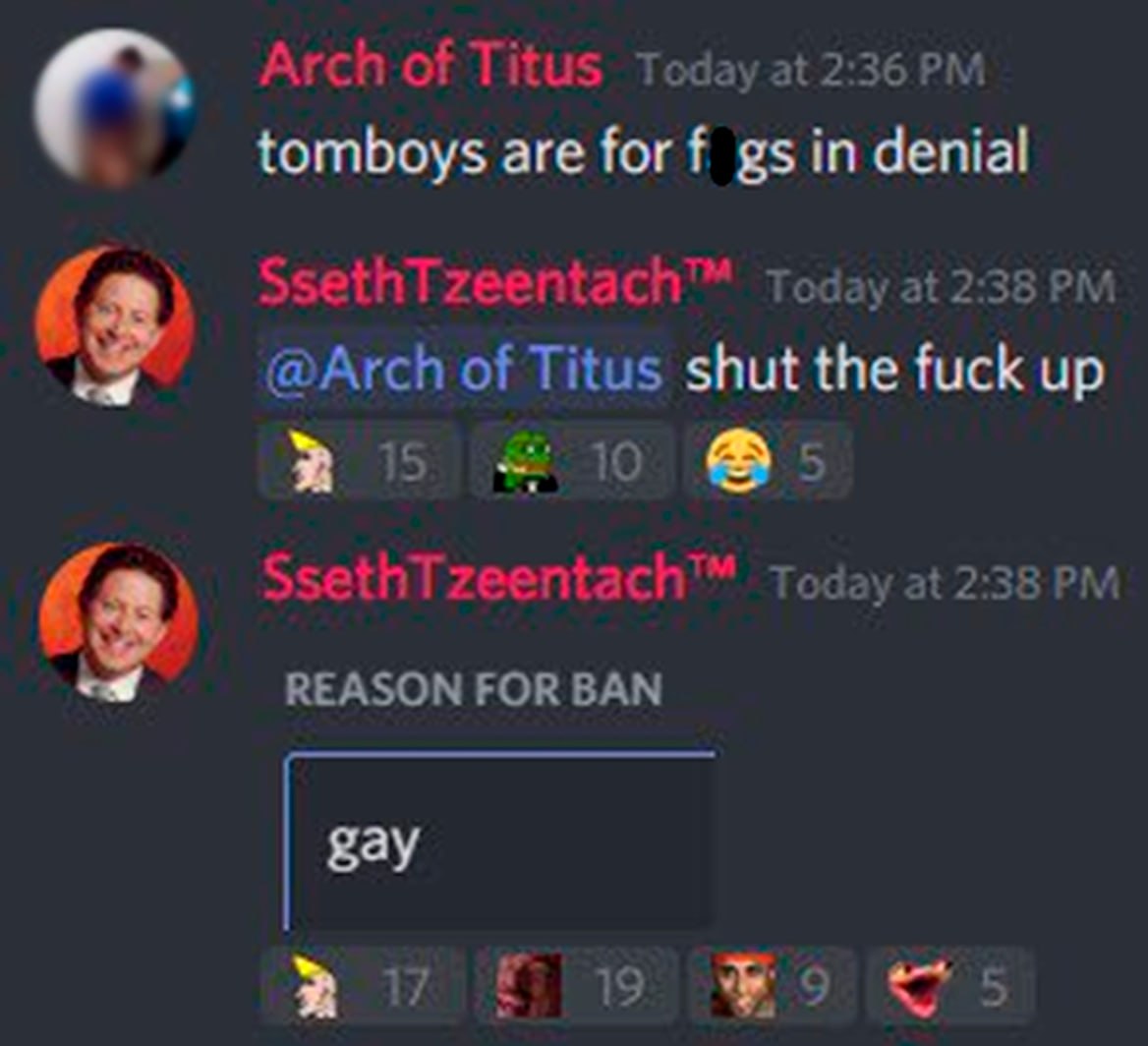 Reason for ban gay Скриншот Discord чата с сообщением "Reason for ban gay"