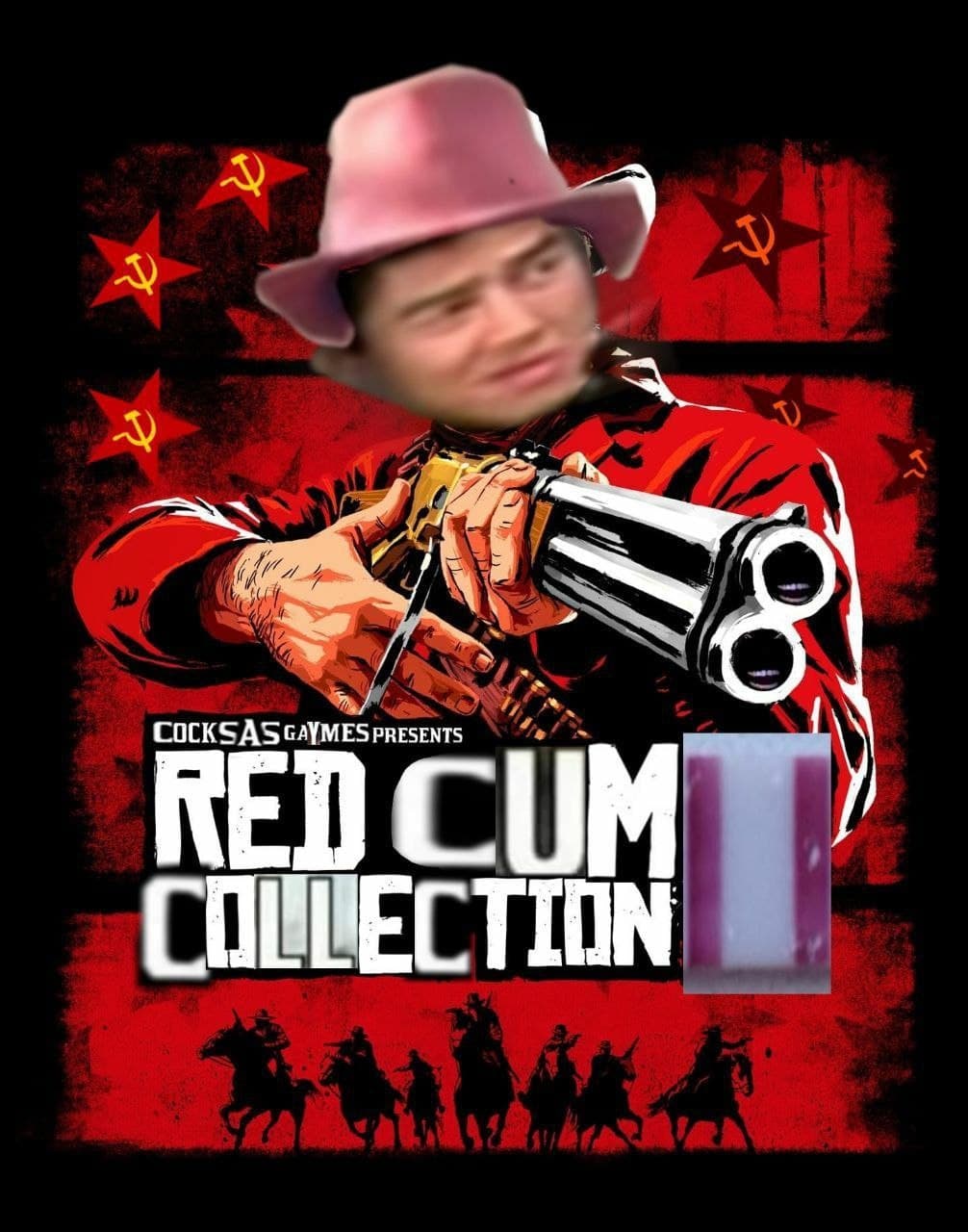 Красная коллекция Мем с обложкой игры "Red Dead Redemption" и заголовком "Red Cum Collection", на которой изображен мужчина в ковбойской шляпе, похожий на Куплинова.