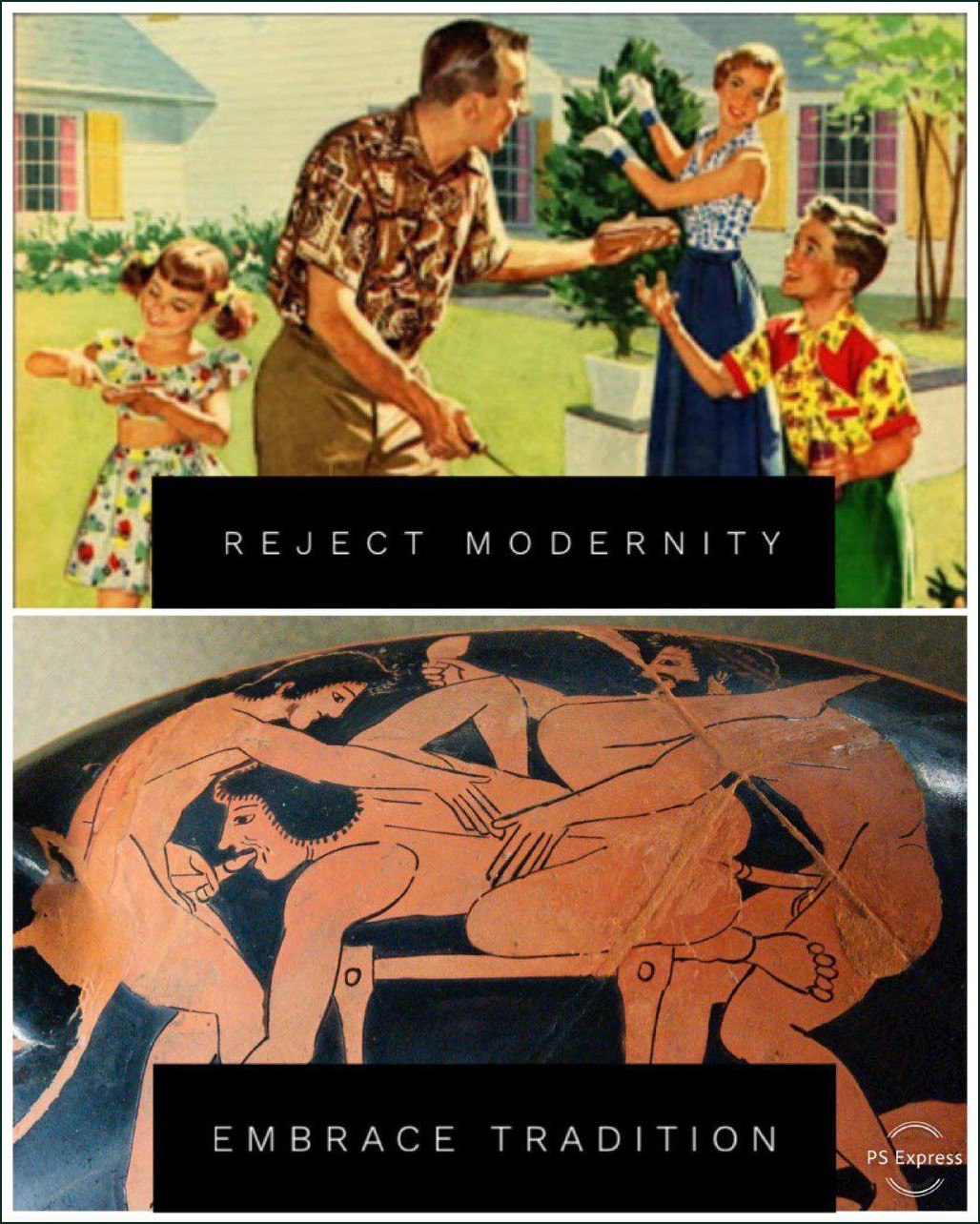 Reject Modernity Embrace Tradition Мем "Reject Modernity Embrace Tradition" с семьей из 50-х и древнегреческой вазой