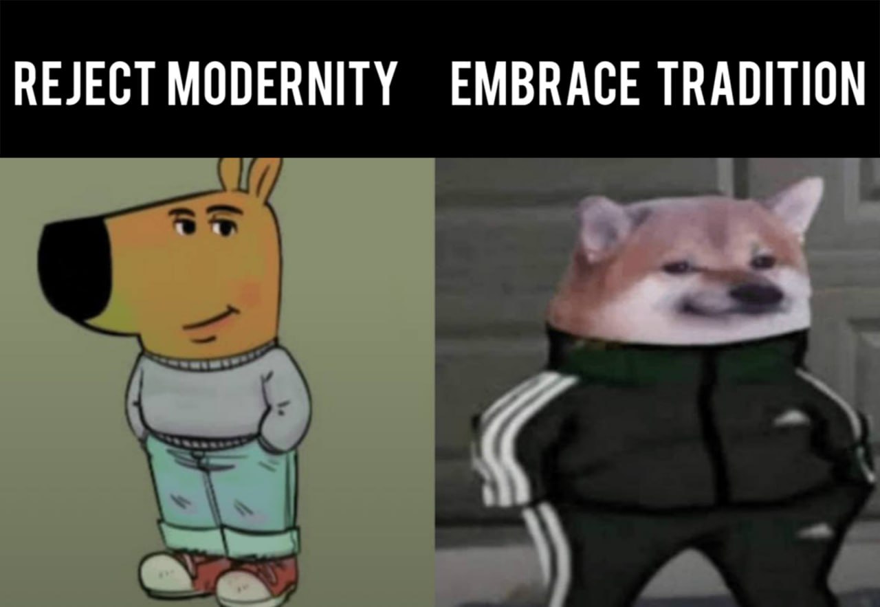 Reject modernity, embrace tradition Мем "Reject modernity, embrace tradition" с персонажем из мультфильма Артур и собакой в костюме Adidas.