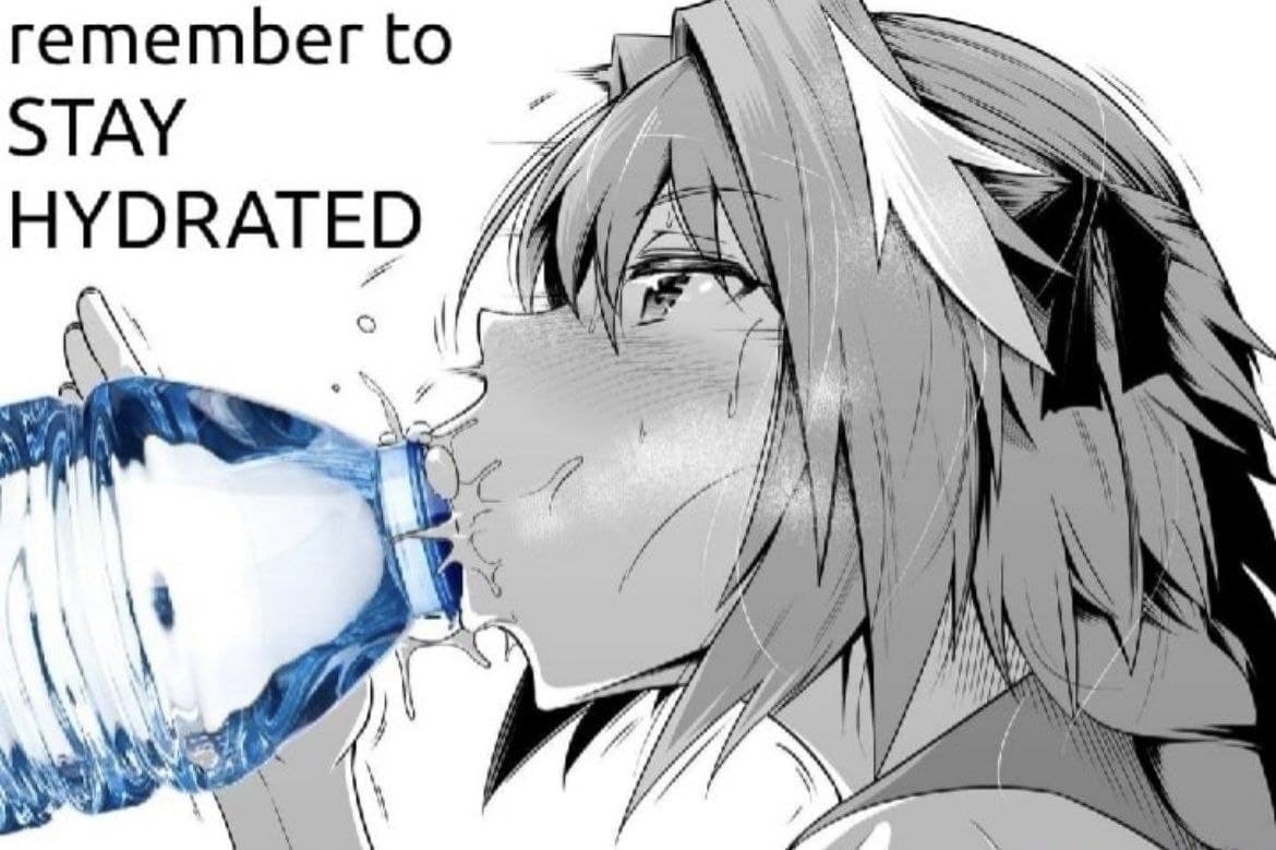 Remember to stay hydrated Мем с аниме-персонажем, который с усилием пьет воду из бутылки, с подписью «remember to stay hydrated»