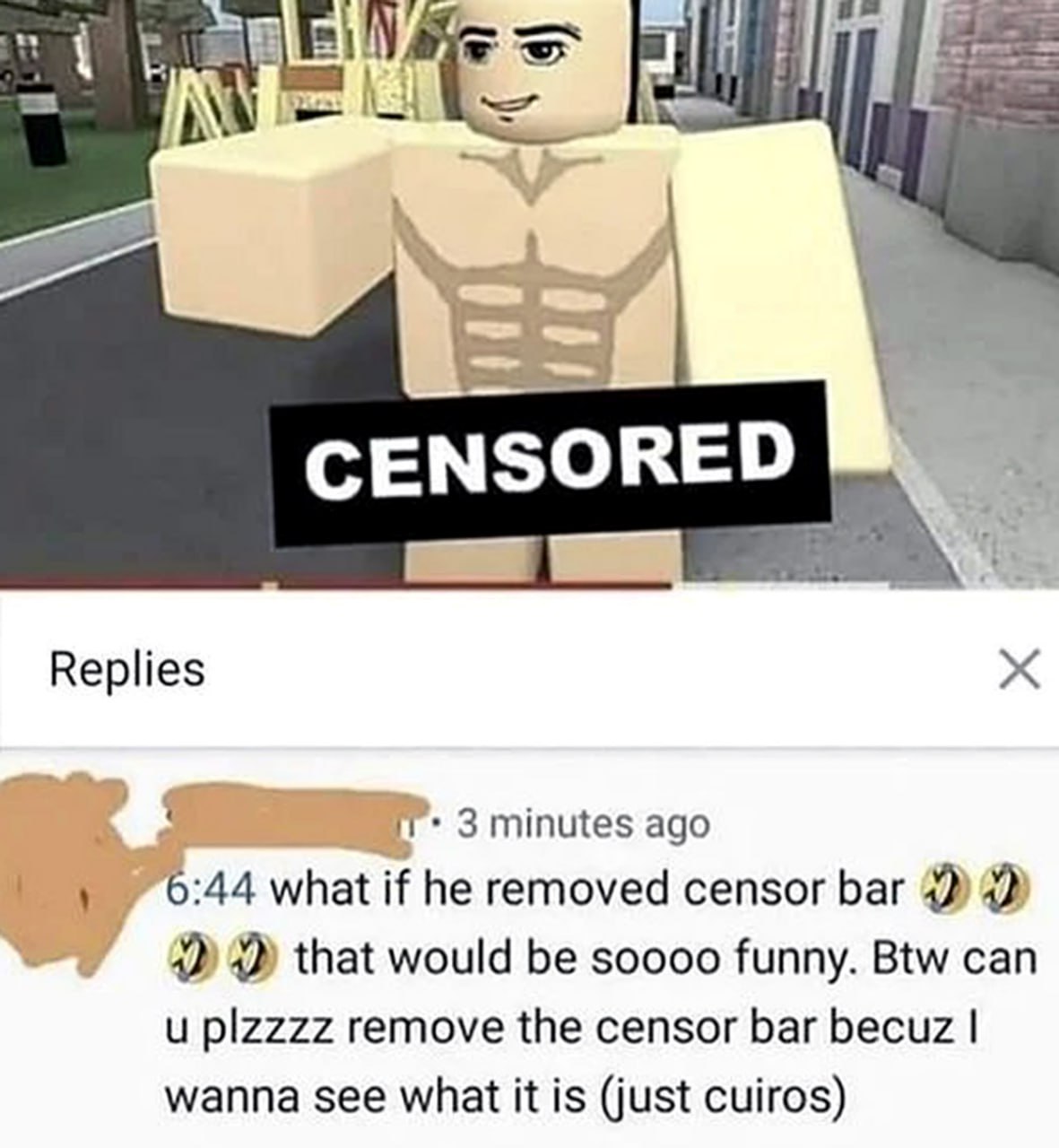 Уберите цензурную полосу Мем с персонажем из Roblox, на котором цензурная полоса и комментарий под ним с просьбой её убрать