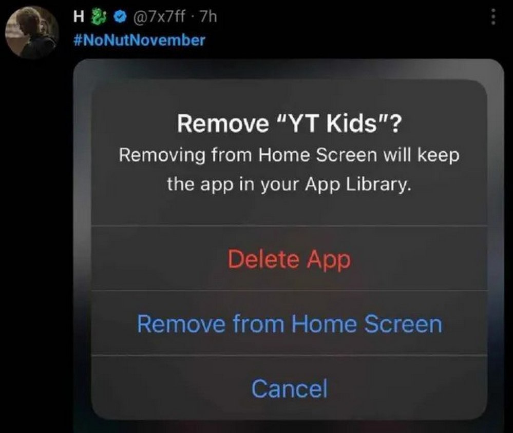 Удалить YT Kids Мем, где пользователь iPhone удаляет приложение YouTube Kids со своего телефона в рамках челленджа NoNutNovember. Он выкладывает скриншот этого действия в твиттер, сопроводив его хэштегом #NoNutNovember.