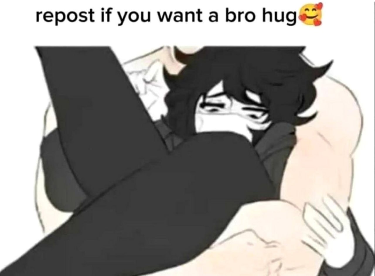 Repost if you want a bro hug Мем, где два человека обнимаются, с надписью «repost if you want a bro hug»