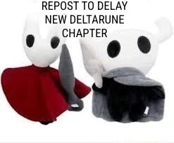Два мультяшных персонажа с надписью «Repost to delay new Deltarune chapter» — «Репостни, чтобы задержать выход новой главы Deltarune»