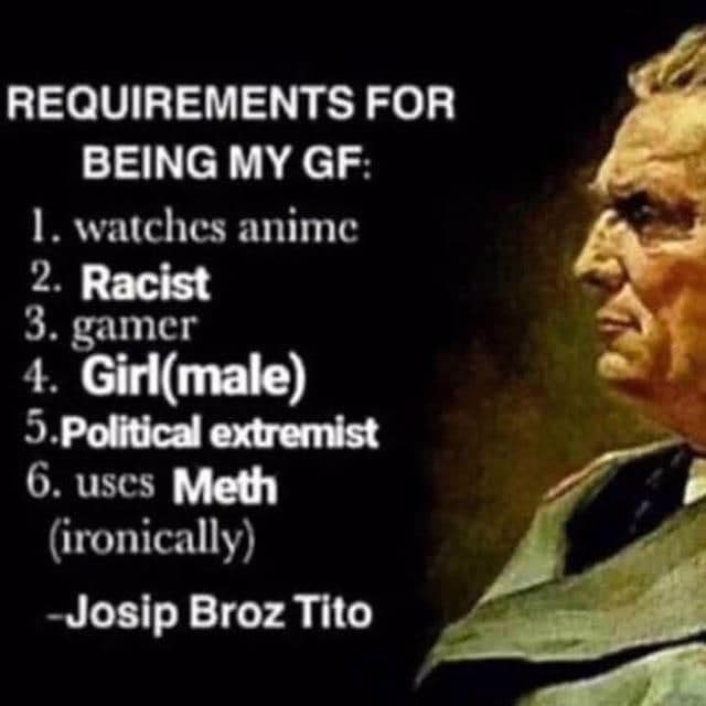 REQUIREMENTS FOR BEING MY GF: Josip Broz Tito Мем с Иосипом Брозом Тито и требованиями к его девушке: смотрит аниме, расист, геймер, девушка (мужчина), политический экстремист, употребляет мет (по приколу).