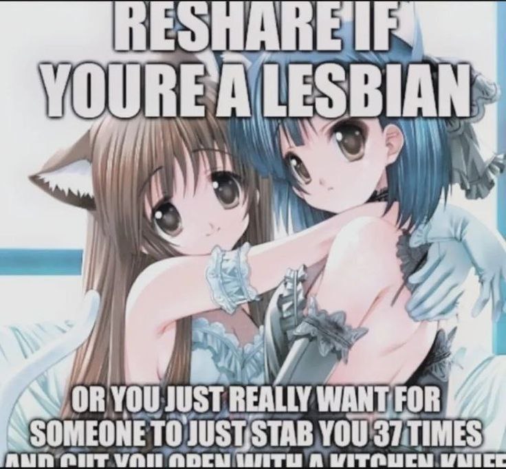 Reshare if you're a lesbian Мем с двумя аниме-девушками с подписью «Reshare if you're a lesbian or you just really want for someone to just stab you 37 times»