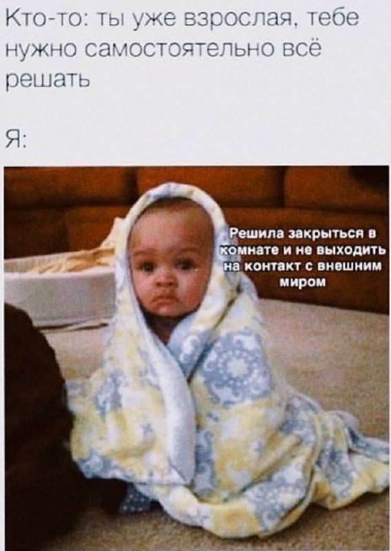 Решила закрыться в комнате и не выходить Решила закрыться в комнате и не выходить на контакт с внешним миром, я: Кто-то: Ты уже взрослая, тебе нужно самостоятельно всё решать