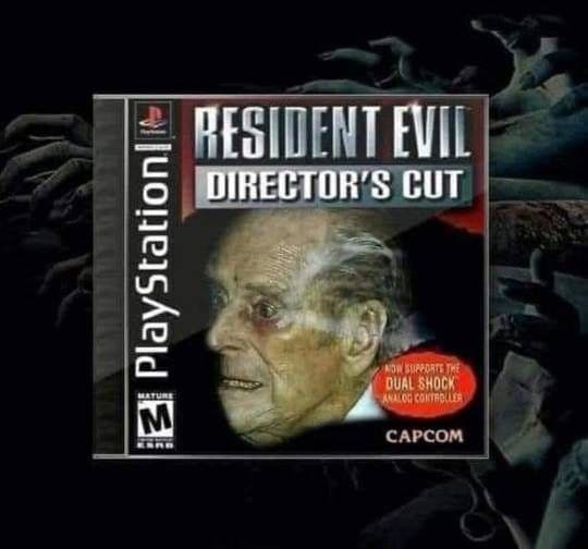 Обложка Resident Evil Director's Cut с дедом Мем с обложкой игры Resident Evil Director's Cut, на которой изображен пожилой мужчина с испуганным выражением лица.
