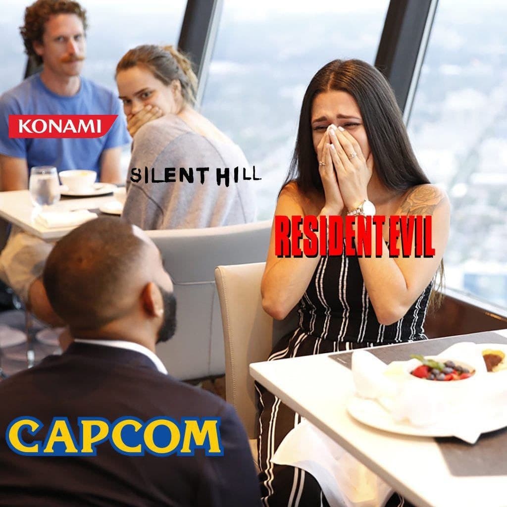 Resident Evil Silent Hill Konami Capcom Девушка плачет из-за Resident Evil, пока Silent Hill стыдится, а Capcom и Konami наблюдают