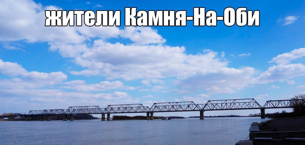 Жители Камня-На-Оби Мем с текстом «Жители Камня-На-Оби» на фоне моста через реку Обь и голубого неба с облаками