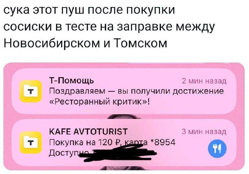 Ресторанный критик за сосиску в тесте Уведомление о получении достижения "Ресторанный критик" после покупки сосиски в тесте на заправке между Новосибирском и Томском.