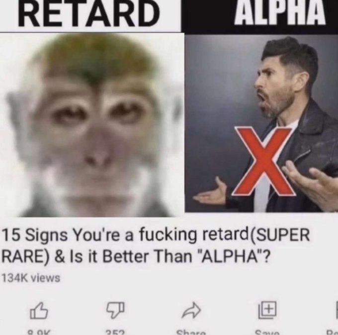 RETARD ALPHA Мем с YouTube-миниатюрой "RETARD" против "ALPHA" с обезьяной и мужчиной