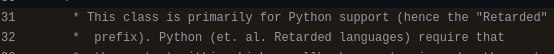 Скриншот фрагмента кода с комментарием про Python support и фразой про "Retarded" prefix и "Retarded languages"