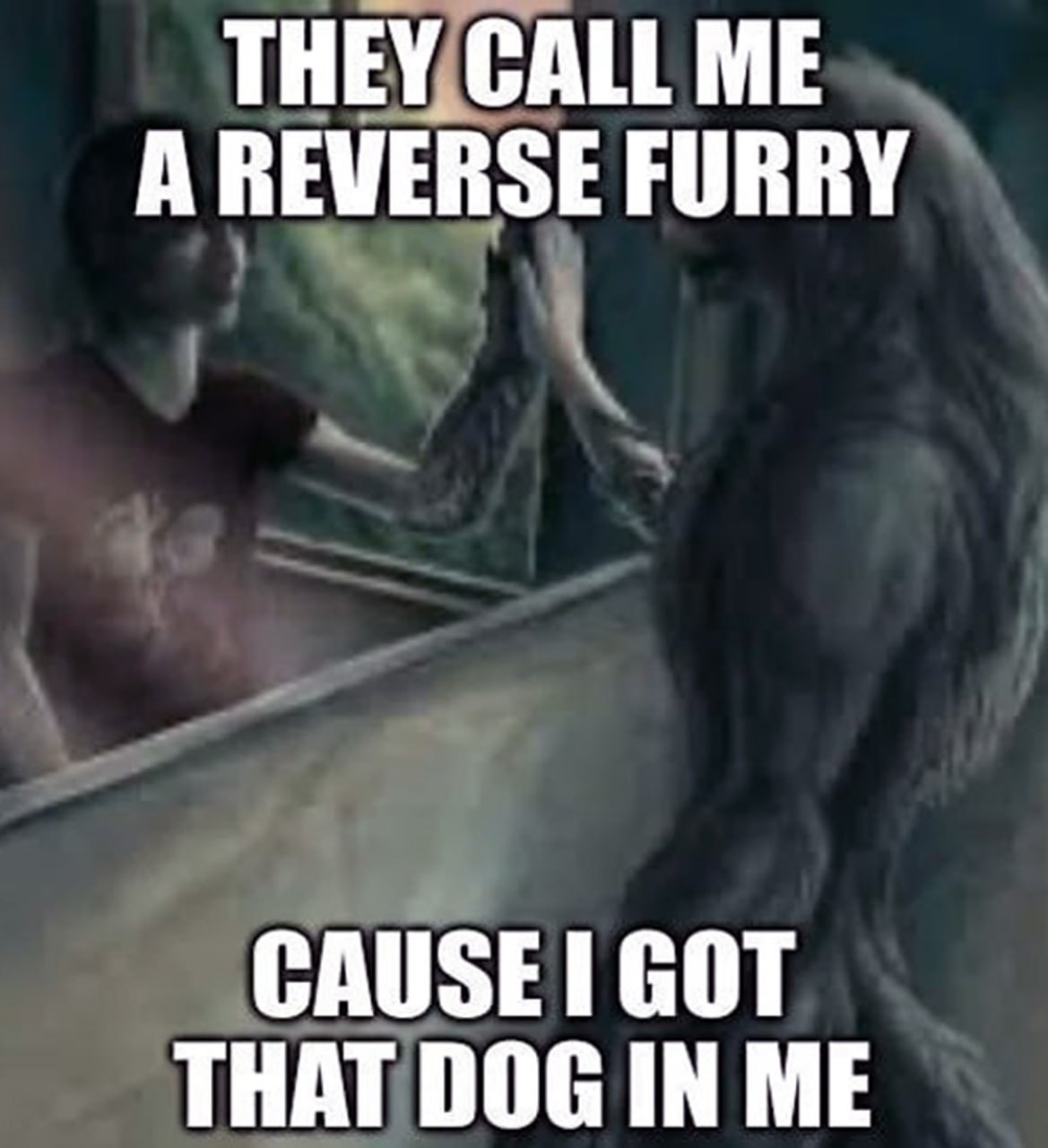 Reverse furry cause I got that dog in me Мем с человеком и монстром, которые прикасаются друг к другу через стекло с надписью «Они называют меня обратным фурри, потому что у меня внутри эта собака»