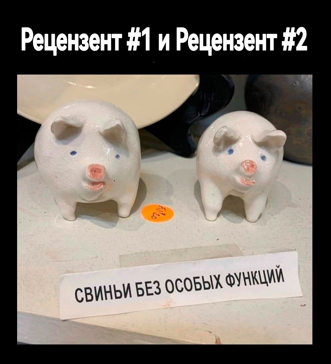 Две керамические свиньи на витрине с подписями «Рецензент #1 и Рецензент #2» и «Свиньи без особых функций».