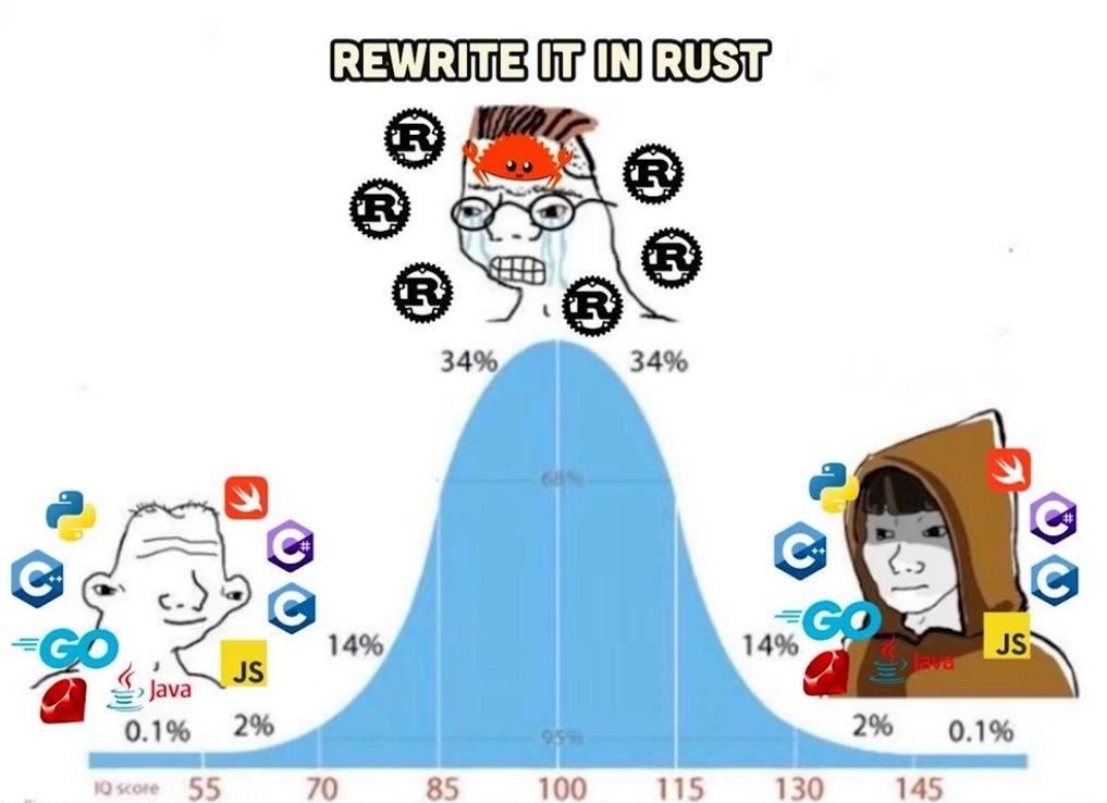 Мем с кривой интеллекта и надписью «Rewrite it in Rust», где программисты с иконками языков программирования показаны по разные стороны шкалы.