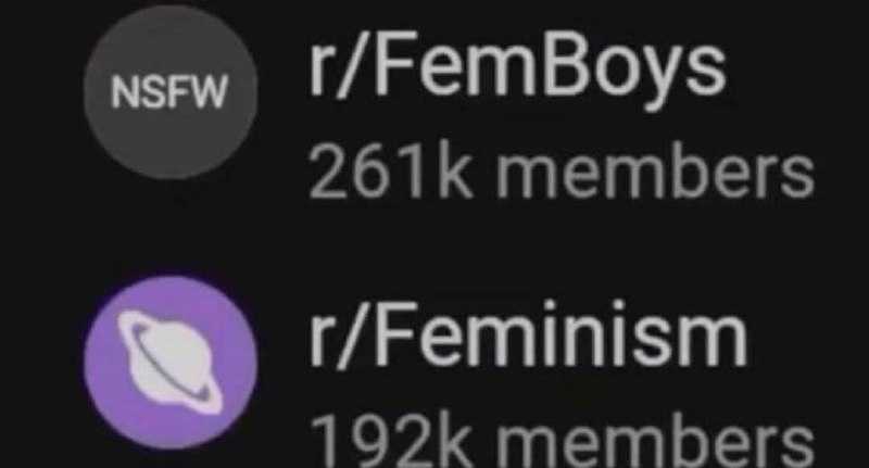 r/FemBoys и r/Feminism Скриншот, показывающий, что у сообщества r/FemBoys на Reddit больше подписчиков, чем у r/Feminism.