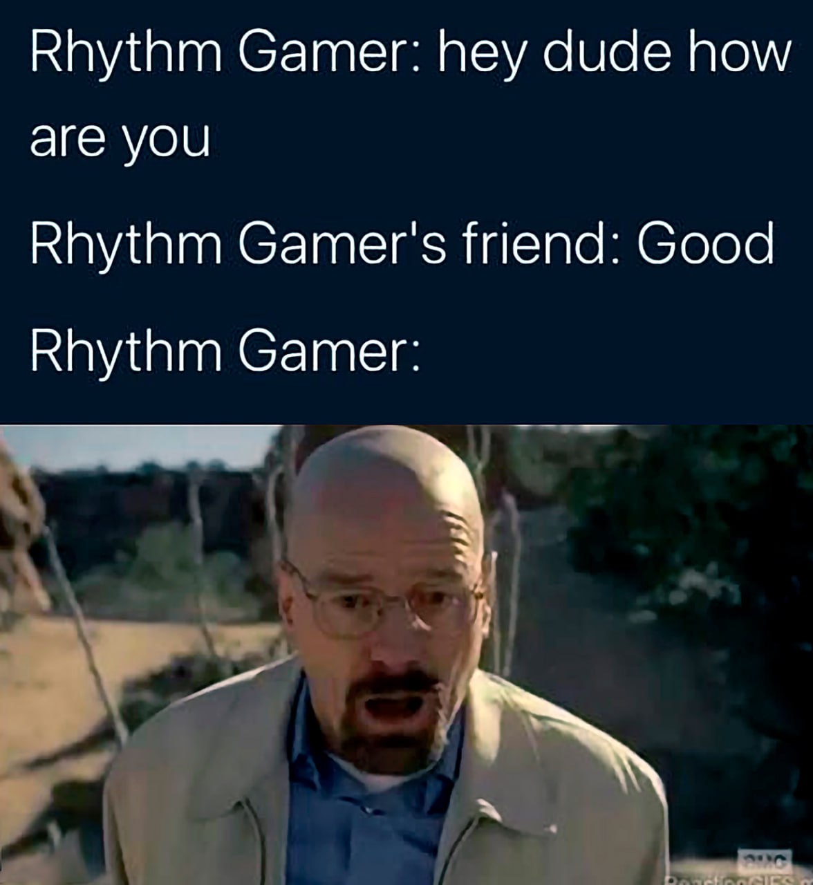 Rhythm Gamer: hey dude how are you Мем с Уолтером Уайтом и диалогом между ритм-геймером и его другом