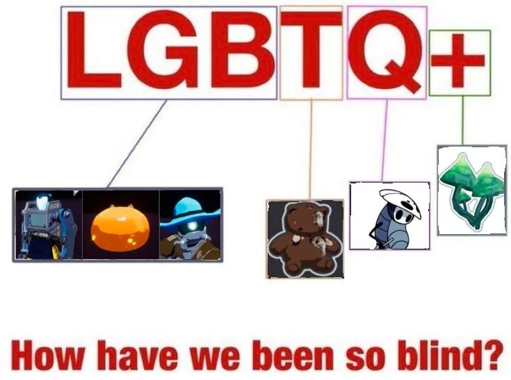 Картинка с надписью «LGBTQ+», где буквы связаны с персонажами и предметами из Risk of Rain 2, а внизу написано: «How have we been so blind?»