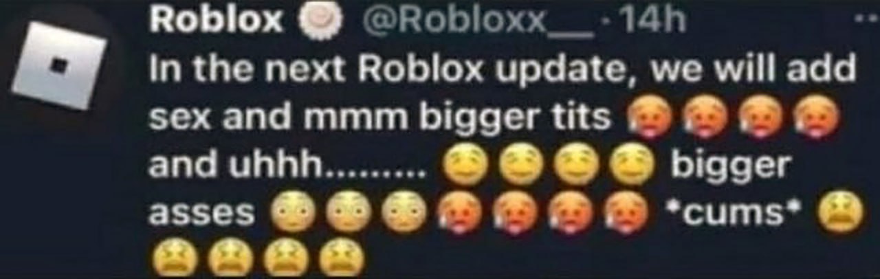 Roblox sex and mmm bigger tits Мем со скриншотом твита от Roblox о добавлении секса и больших сисек в следующем обновлении