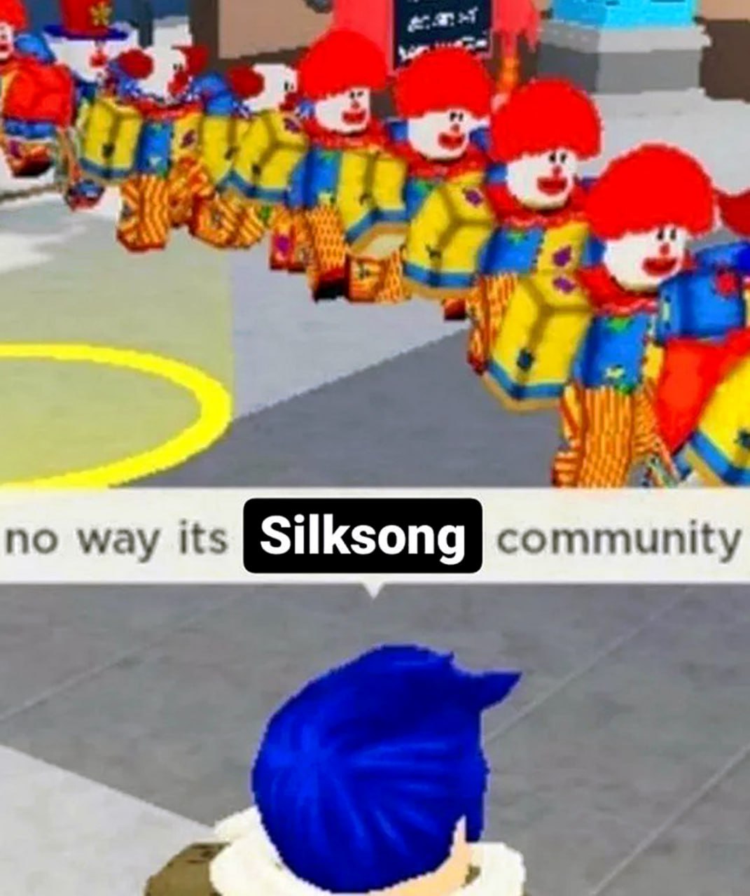 Сообщество Silksong клоуны в Roblox Мем с персонажем из Roblox, который смотрит на вереницу клоунов, символизирующих сообщество Silksong.