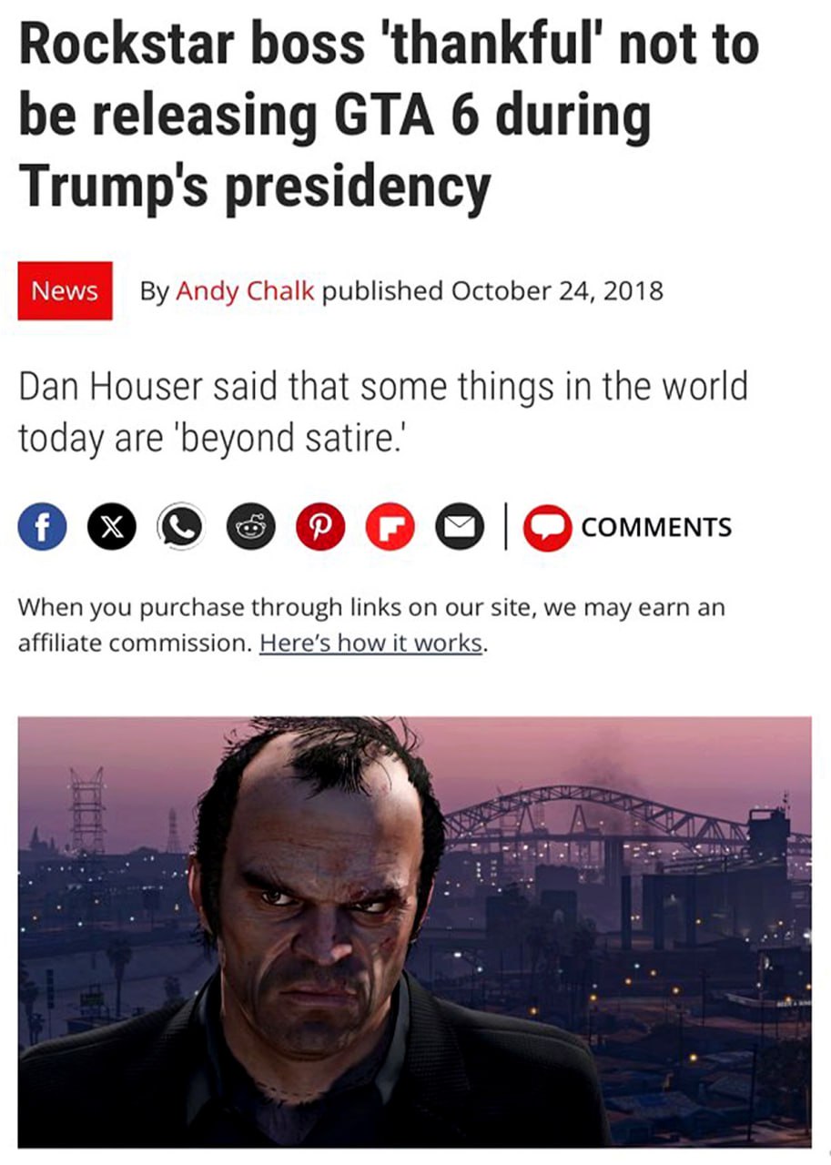 Rockstar boss 'thankful' not to be releasing GTA 6 during Trump's presidency Босс Rockstar благодарен, что не выпускает GTA 6 во время президентства Трампа. Тревор Филипс со злобным выражением лица на фоне города.