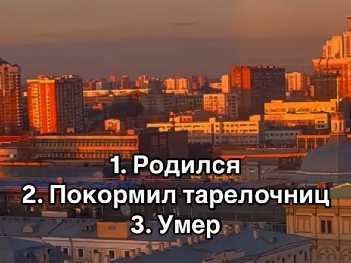 Городской пейзаж на закате с надписью: «1. Родился. 2. Покормил тарелочниц. 3. Умер»