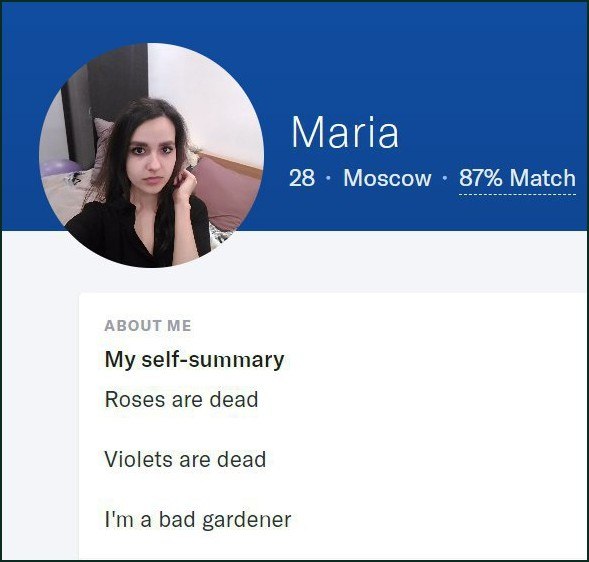 Анкета Марии из Москвы с самоописанием «Roses are dead, Violets are dead, I'm a bad gardener».