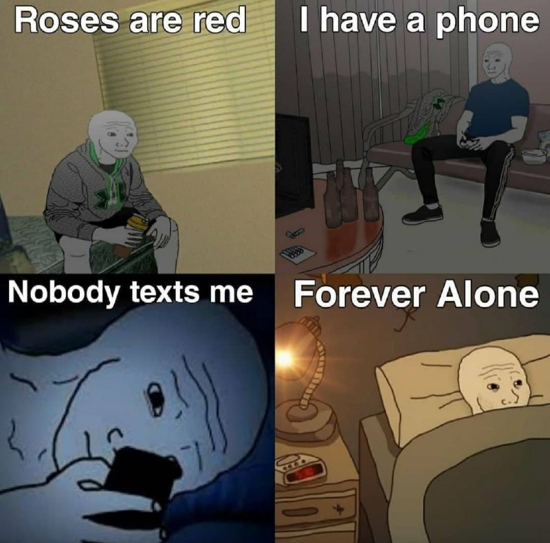 Roses are red I have a phone nobody texts me forever alone Мем о чувстве одиночества и разочарования, когда Вояк грустит, что ему никто не пишет, несмотря на наличие телефона.