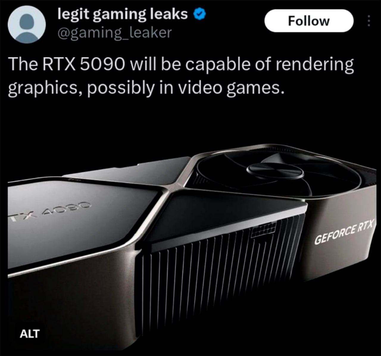 RTX 5090 будет способен рендерить графику, возможно, в видеоиграх Мем с твитом о видеокарте RTX 5090, которая, возможно, сможет рендерить графику в видеоиграх, и изображением RTX 4090.