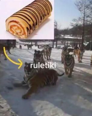 Рулетики Мем "Рулетики" с тиграми в снегу и бисквитным рулетом.