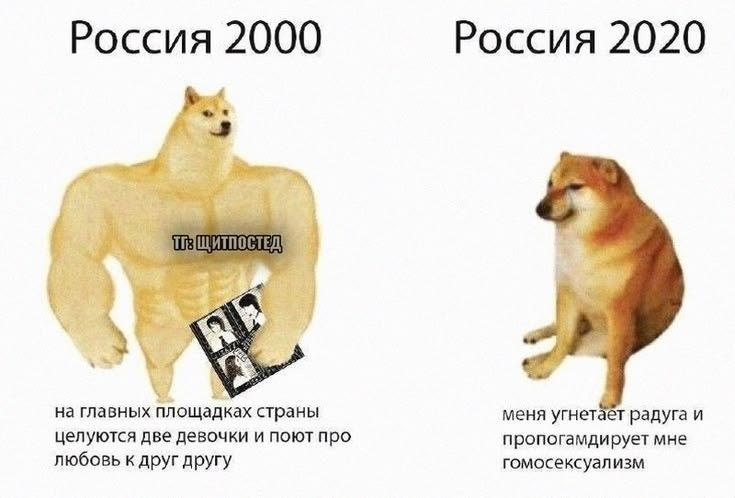 Сатирическое сравнение России 2000 и России 2020 с мускулистым и грустным Doge