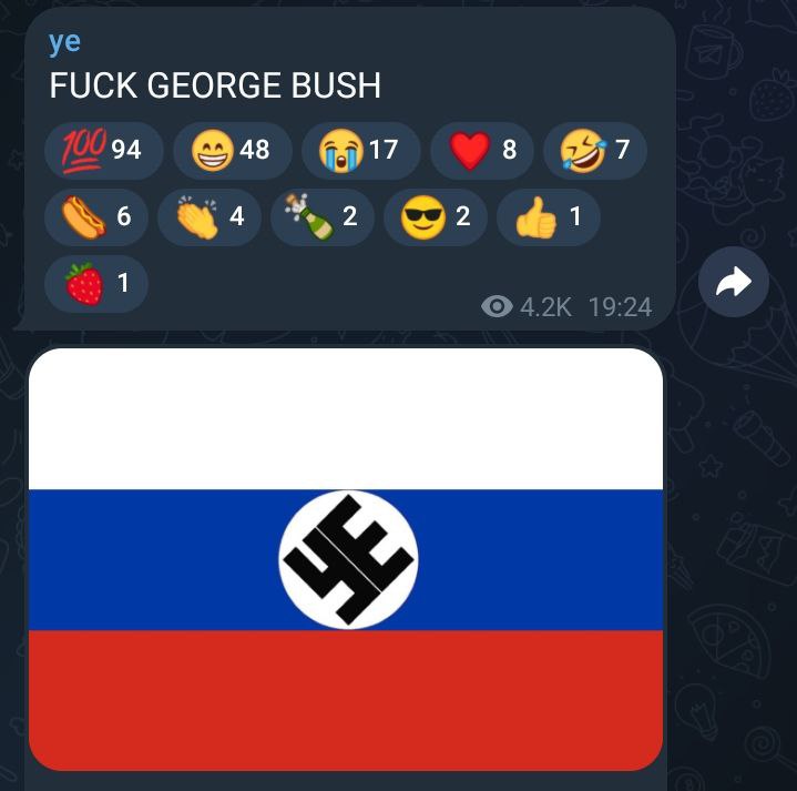 Российский флаг со свастикой Российский флаг со свастикой и надписью «Fuck George Bush».