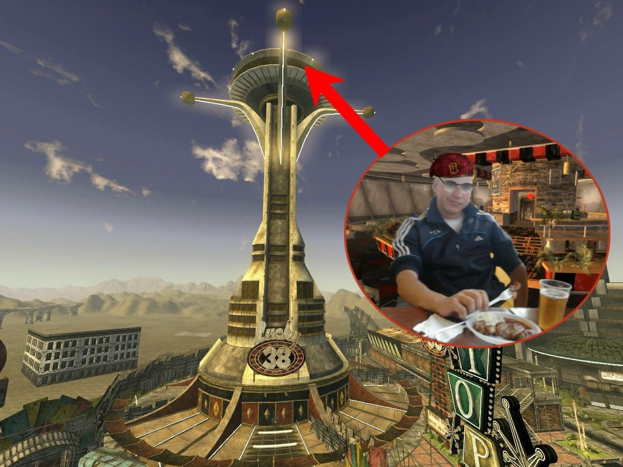 Русский в Fallout New Vegas Мужчина в спортивном костюме и кепке ест в "Лаки 38" из Fallout: New Vegas