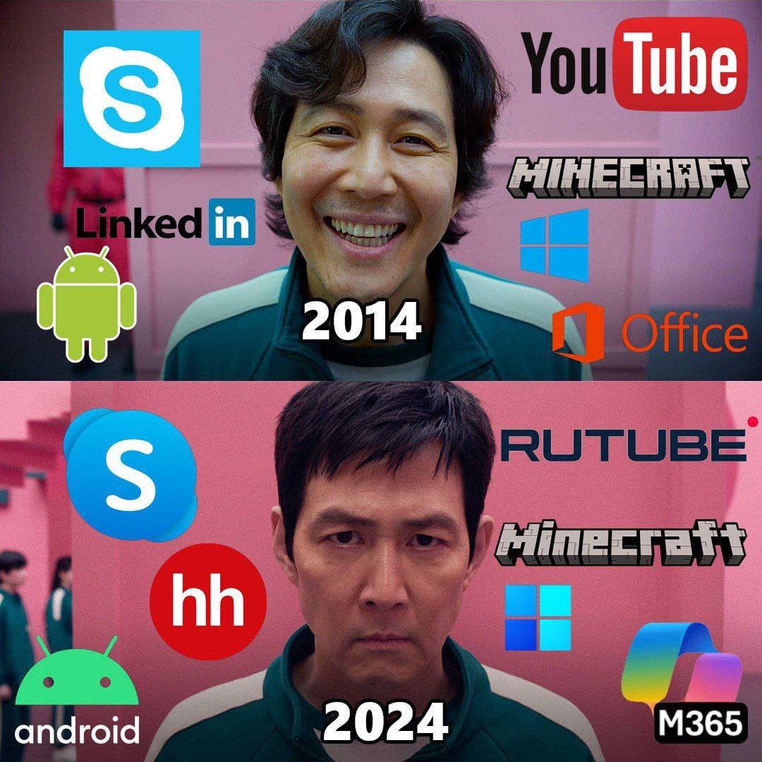 Российский интернет 2014 против 2024 Мем с персонажем из "Игры в кальмара", сравнивающий российский интернет в 2014 и 2024 годах через логотипы сервисов.
